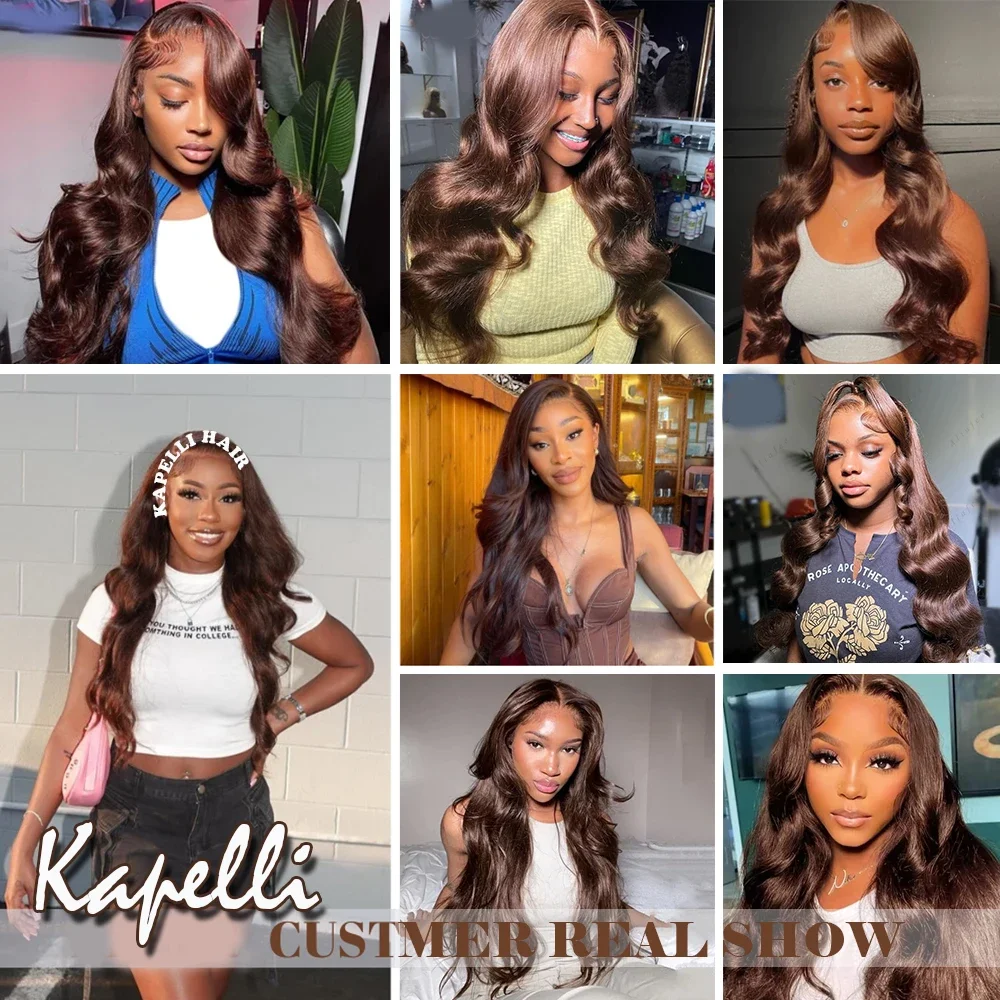 28 inch Chocolate Brown Bundles with Closure 4x4 13x4 Body Wave Human Hair 100% Raw Human Hair Weave Extensions Middle Part Lace 5