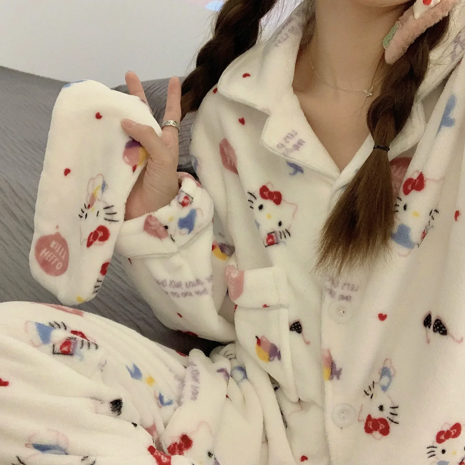

Sanrio Anime Hello Kitty Pajama Pants Cute Loungewear Women's Sleepwear Thickening Plush My melody Set Kawaii Thermal Nightwear