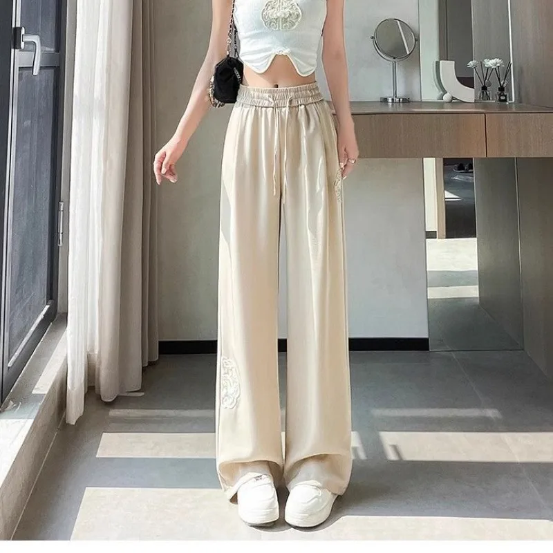 Chinese Style Ice Silk Wide Leg Trousers Women Spring Summer 2024 New High Waisted Drawstring Embroidered Straight Casual Pants