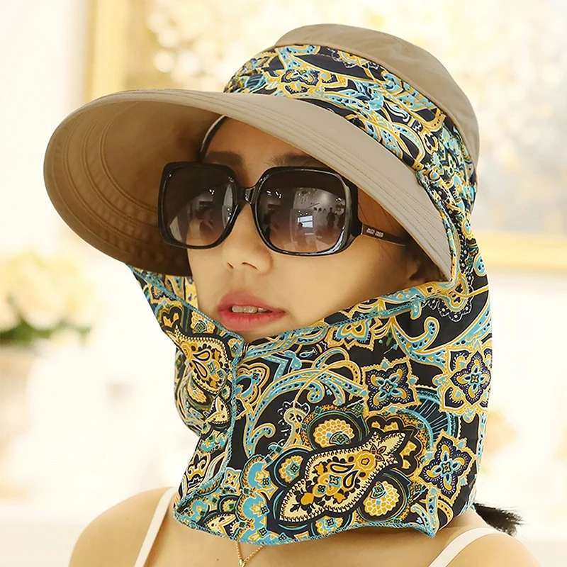Women Anti-UV Sun Hat Beach Foldable Floral Print Wide Brim