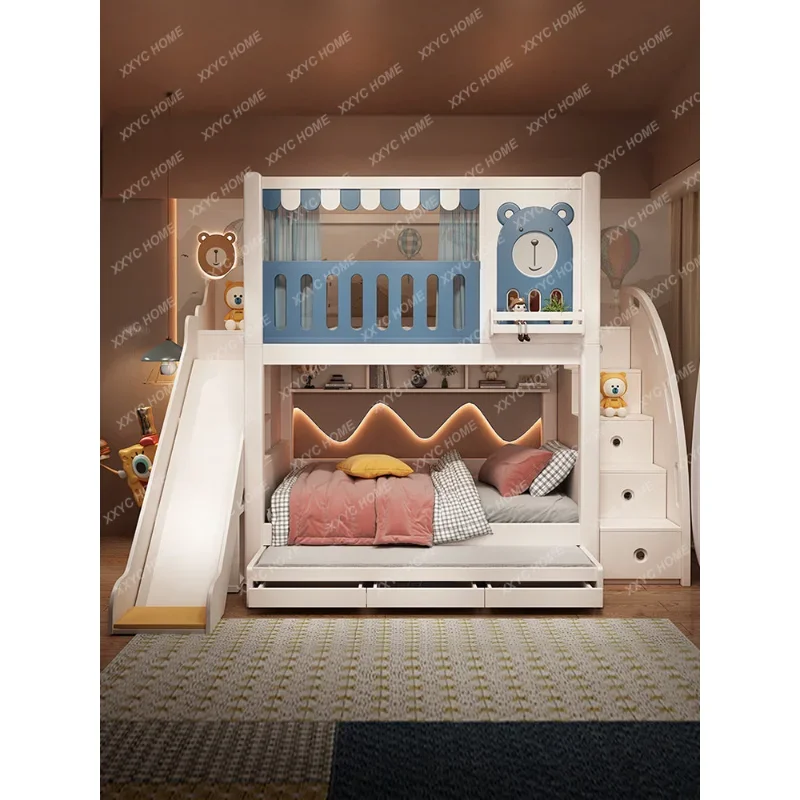 

Children's High Guardrail Bunk Girl Princess Height-Adjustable Bunk Slide for Kids Wooden Bed