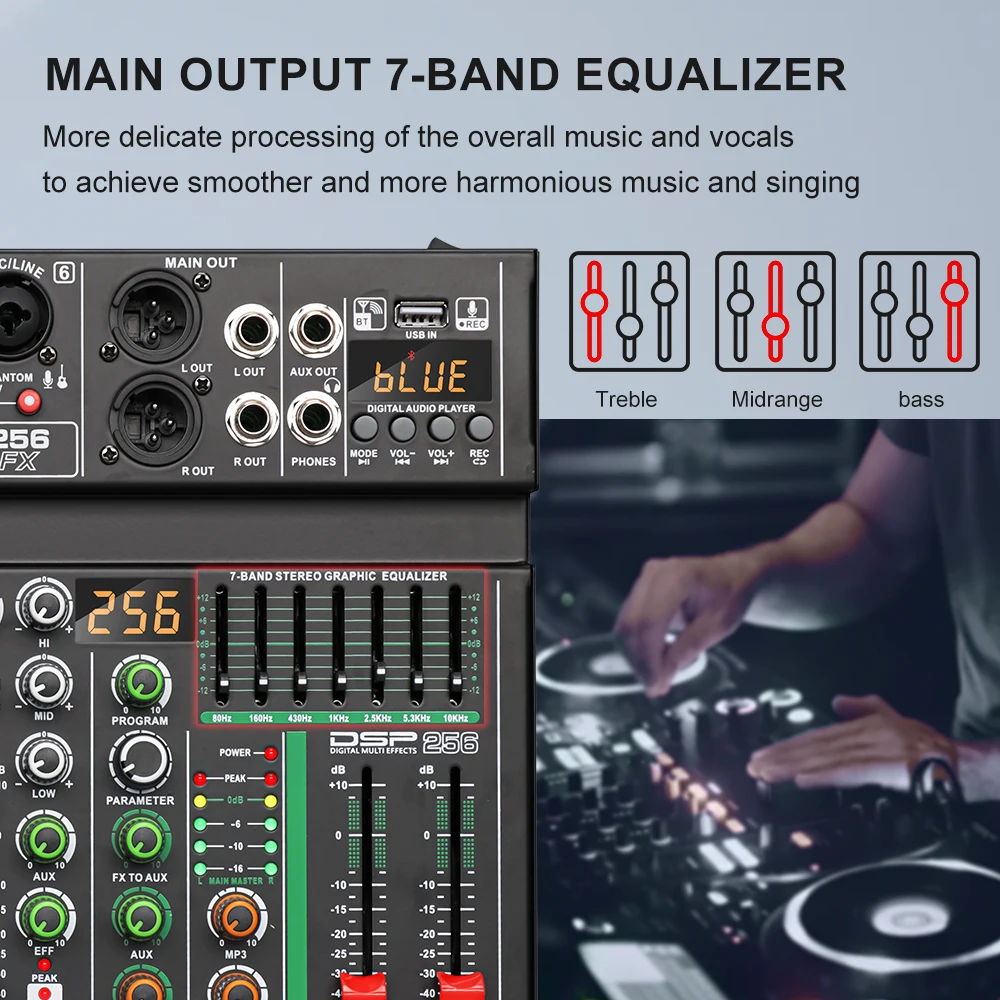 Audio Mixer LEUS AU6 Channel 256 DSP Effect Audio Mixer Record PC 48V Phantom Power USB Sound Mixers Bluetooth DJ Console Mixing for Karaok