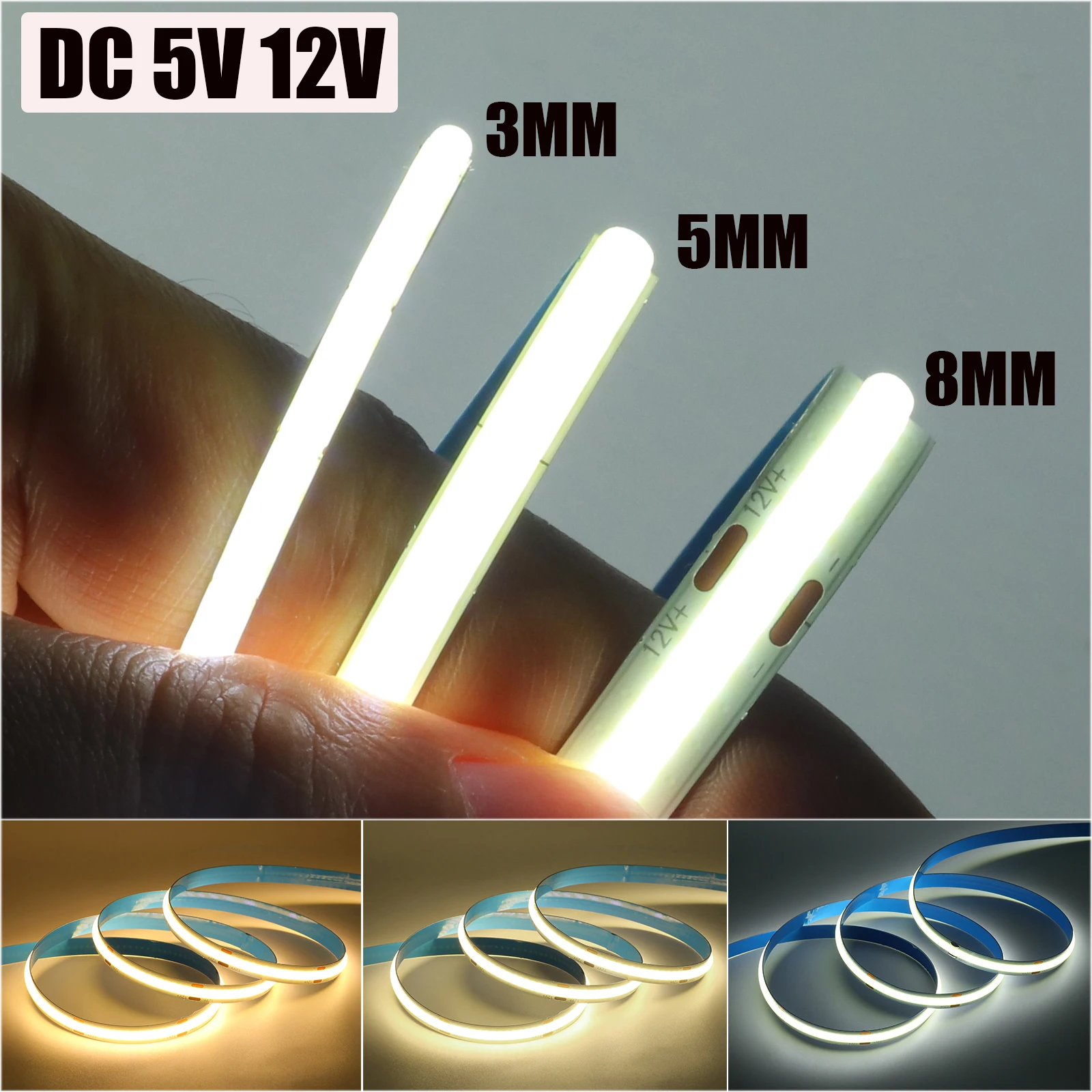 

DC 12V 5V COB Strip 320Leds/M Width 3MM 5MM 8MM High Density 3000K 4000K 6000K White Flexible Ribbon Rope LED Light