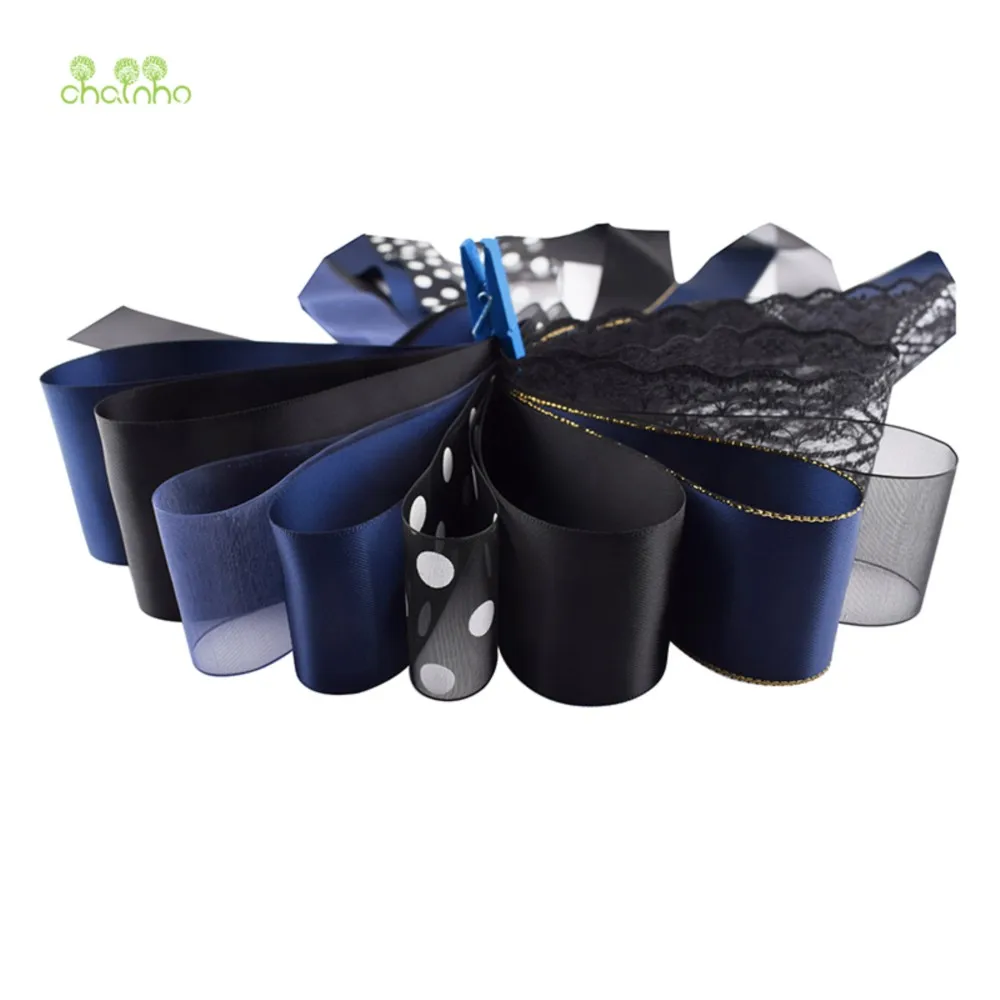Chainho,Ribbon & Lace Set,Navy Blue & Black Color Series,DIY Handmade Hair Ornament Accessoriees,1 Yard/Piece,21 Pieces/Lot,RB02