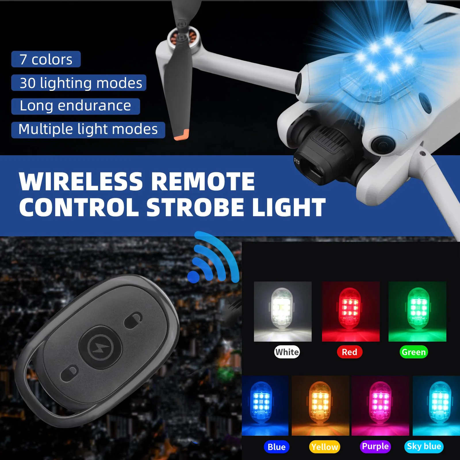 Lampe stroboscopique LED sans fil 7 couleurs avec télécommande en action sur une voiture, créant un effet lumineux dynamique