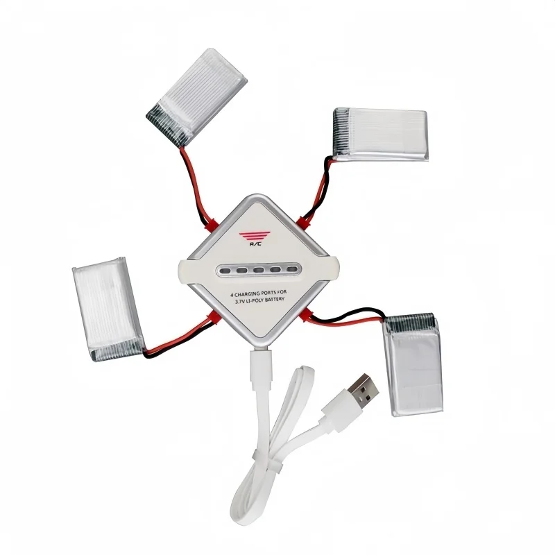 Chargeur multiport USB LiPo 3.7V 1S JST branché sur une batterie externe USB, avec câbles JST reliés à des batteries.