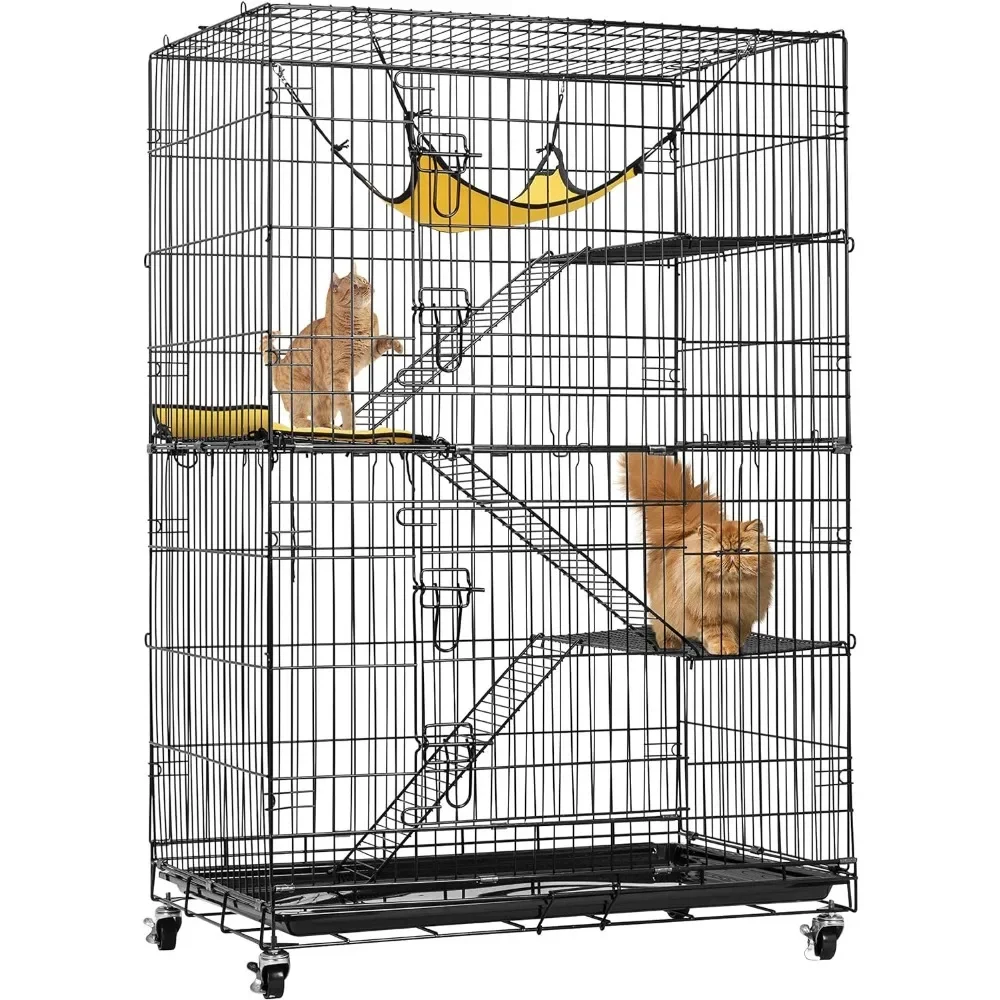 

4-Tier 49 Inch Collapsible Metal Cat Kitten Ferret Cage 360° Rotating Casters Enclosure Pet Playpen with Ramp Ladders Hammock