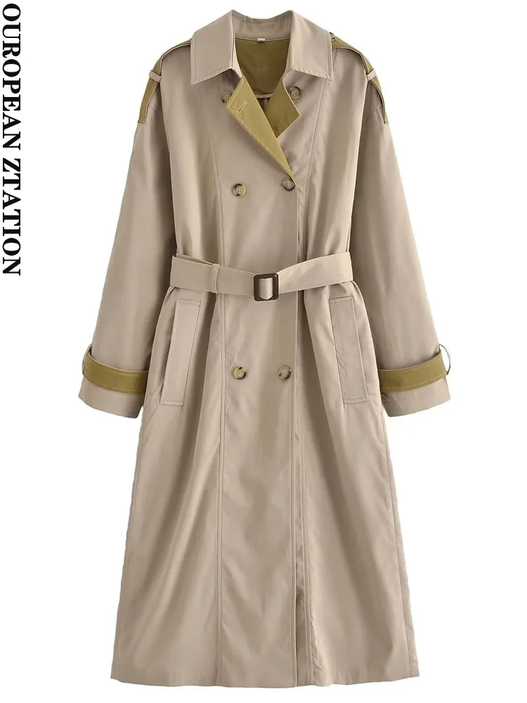 

PAILETE Women 2023 fashion with belt color contrast trench coat vintage long sleeve pockets female outerwear chic clothing