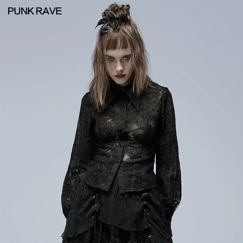 

PUNK RAVE Women's Gothic Personalized Bat Collar Lolita Shirts Fit Version Long Sleeve Black Lace Blouse Tops