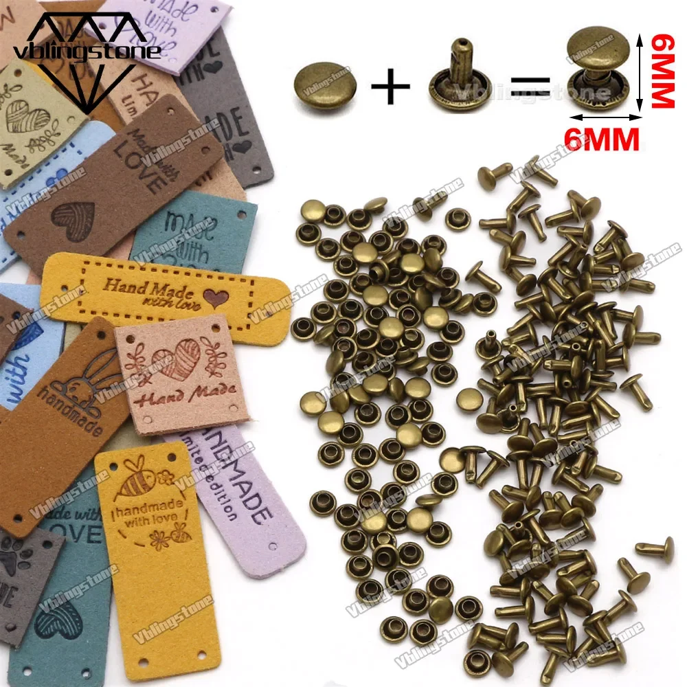 Mix Leather Labels 20pcs with 100Sets 6x6MM Metal Spikes Handmade Labels Embossed Tags for Clothes DIY Hats Sewing Accessories