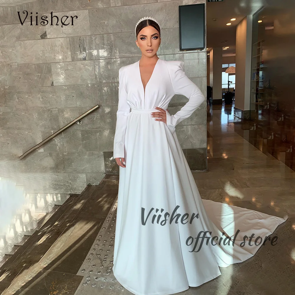 

Viisher White Simple Civil Wedding Dresses Mono Satin Long Sleeve Elegant Wedding Bridal Gowns Chic Long Bridesmaid Dress