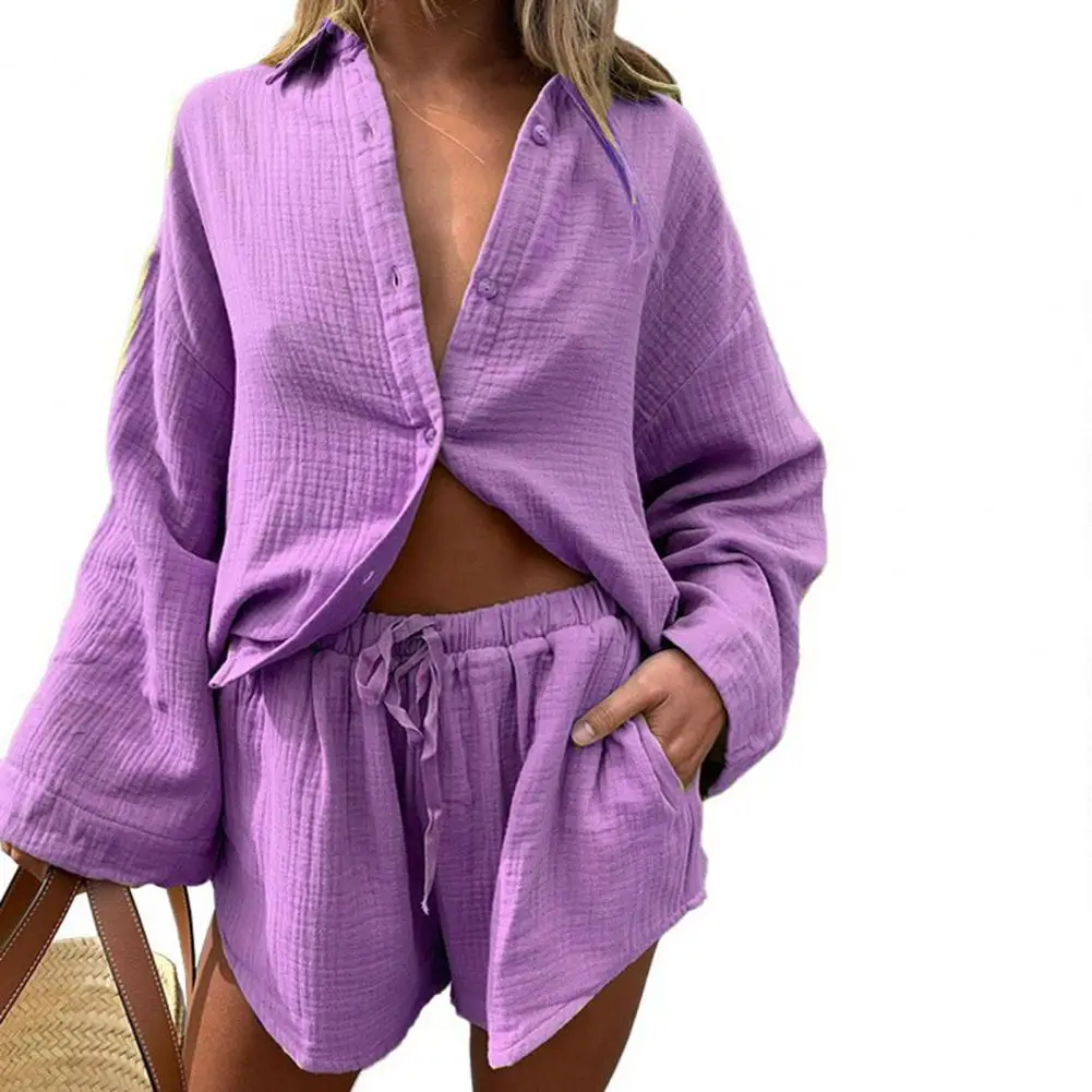 

2Pcs/Set Women Blouse Shorts Set Summer Solid Color Elastic Waist Deep Crotch Fall Shirt Shorts Suit Women Short Sets
