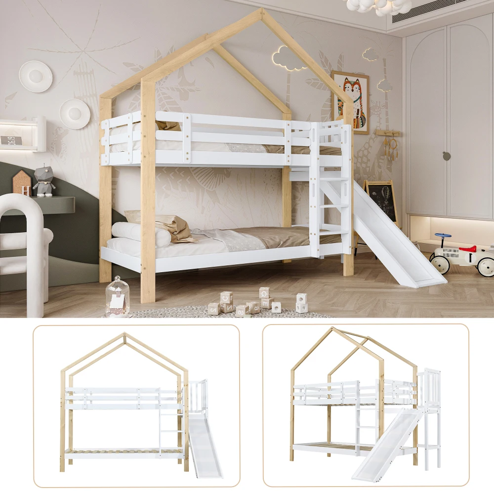 90x200cm Etagenbett mit Rutsche und dreistufiger Winkelrolltreppe, Bett mit Sturzschutz, Kinderbett, Bettrahmen aus Massivholz – Detail 9