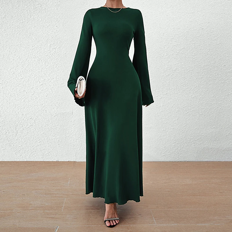

Chic Solid Long Dress 2024 Elegant Flare Long Sleeve O-Neck Pleat Dresses Spring Casual Solid Backless Hollow Out A-line Dress