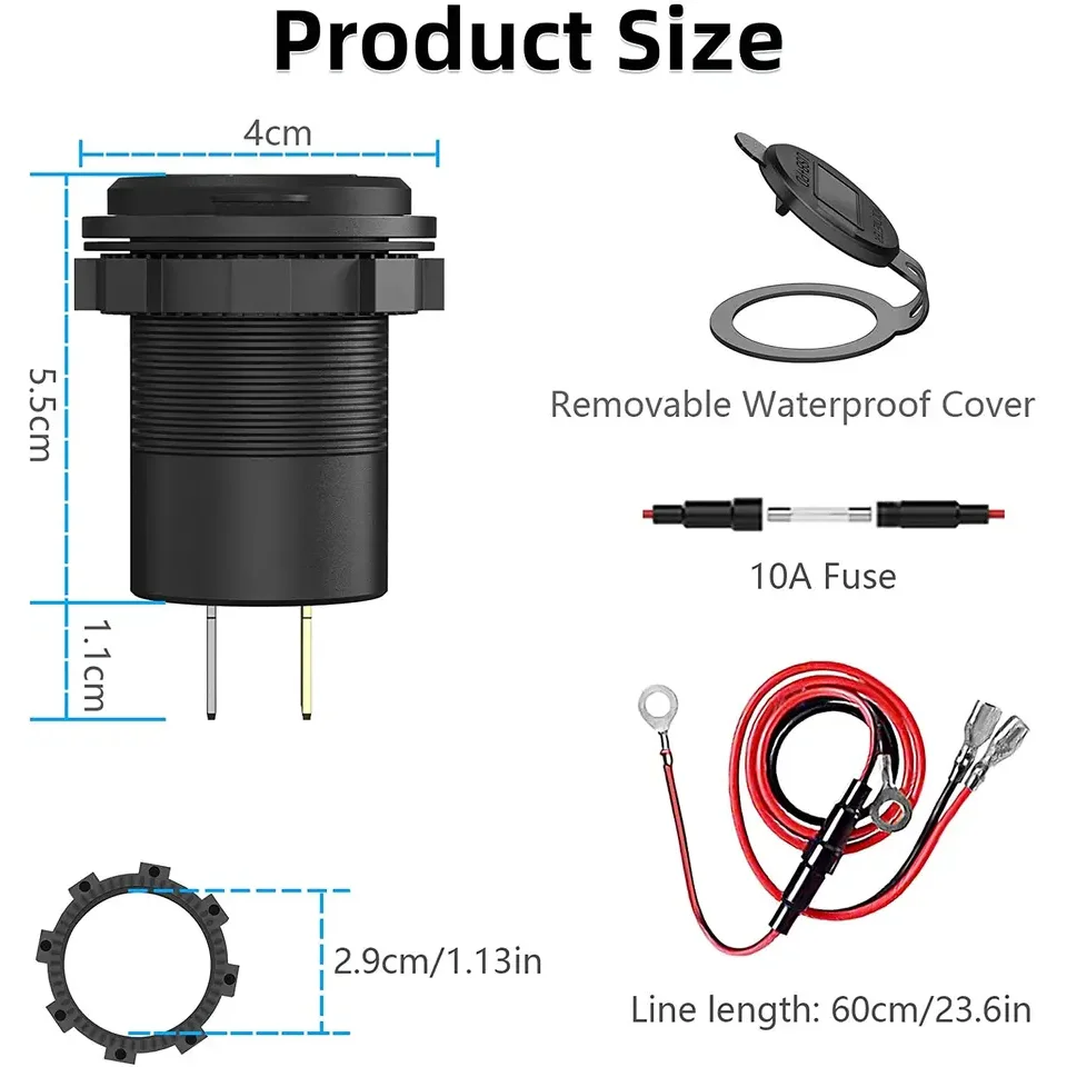 USB C 차량용 충전기 소켓 12V/24V 듀얼 USB 소켓 PD3.0 및 QC3.0 차량용 USB 포트 LED 전압계 및 온/오프 스위치 포함