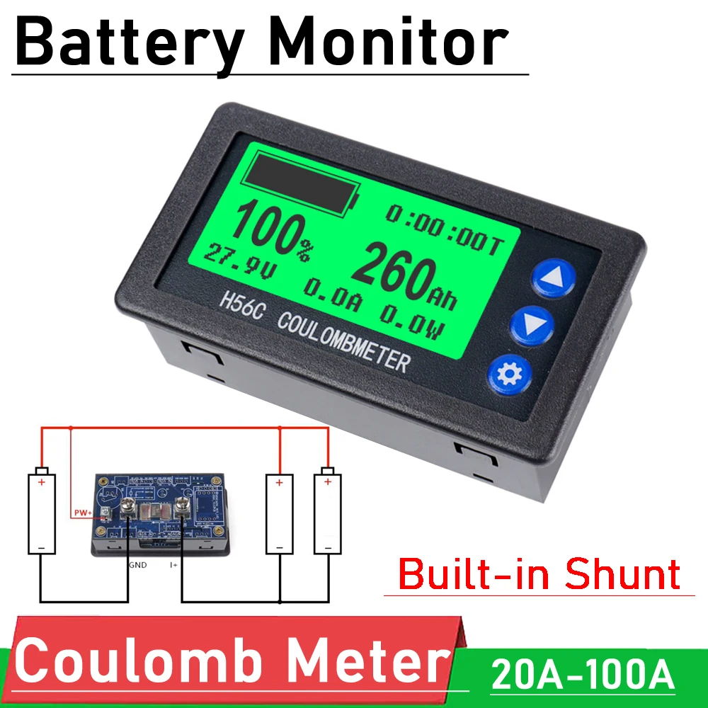 

Battery Monitor Coulomb Meter DC100V 20A 50A 100A Lifepo4 lead-acid Li-ion lithium capacity power display 12V 24V 36V W Shunt