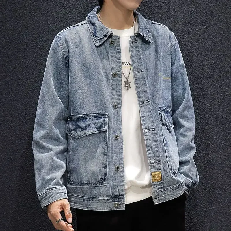 thumbnail image 1 of Abrigo vaquero para hombre, abrigo con bordado, chaqueta vaquera para hombre, gris, lavado, de lujo, de marca, de diseñador, elástico, nuevo, talla grande, G, suelto, L, 1 of 5