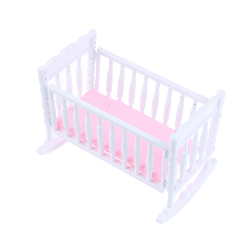 Doll House Light Pink White Baby Doll Shaker Toy Accessories Bed Cradle Crib Play House Toy Accessories Bed Cradle