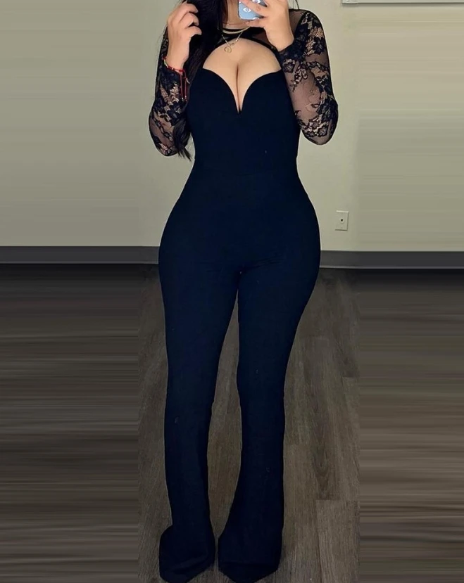 Jumpsuit Women 2023 Autumn New Fashion Elegant Commuting Sexy Hollow Out Asymmetric Neck Long Sleeve Contrast Lace Jumpsuit