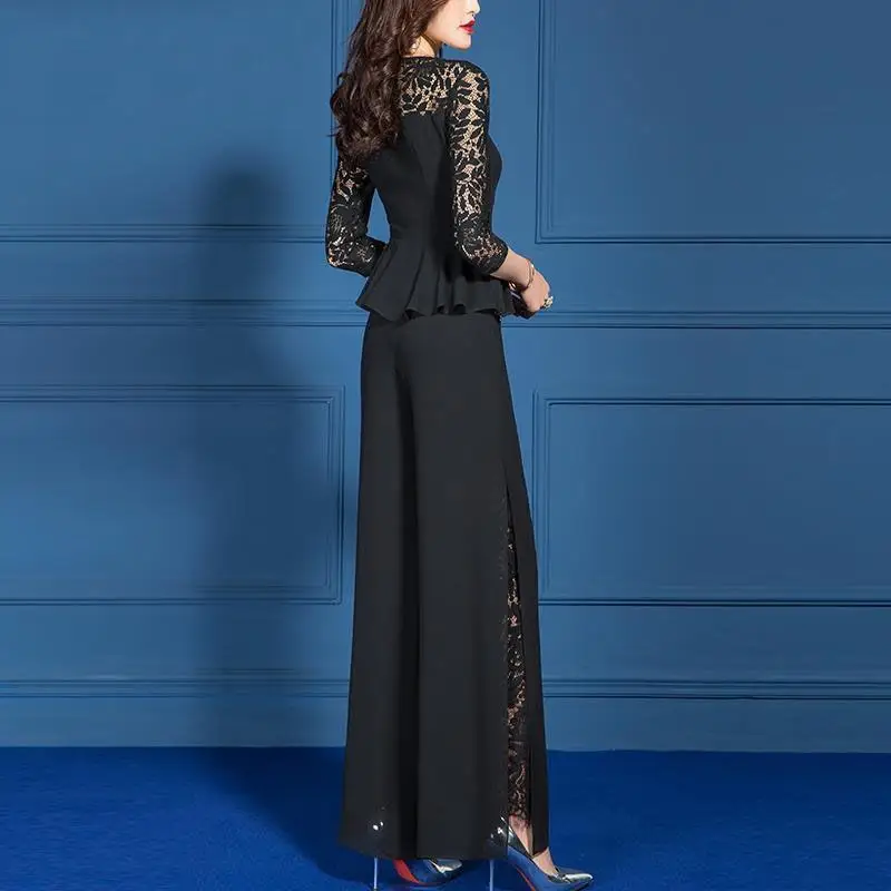 Women's Spring Autumn New Fashion Solid Color Round Neck Lace Splice Style Versatile 7/4 Sleeves Slim Fit Wide Leg Pants Suit
