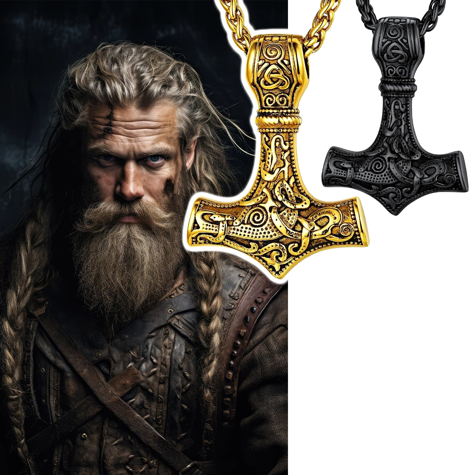 Men's Viking Thor's Hammer Pendant Necklace Norse Mythology Retro Amulet Knight Jewelry Accessories