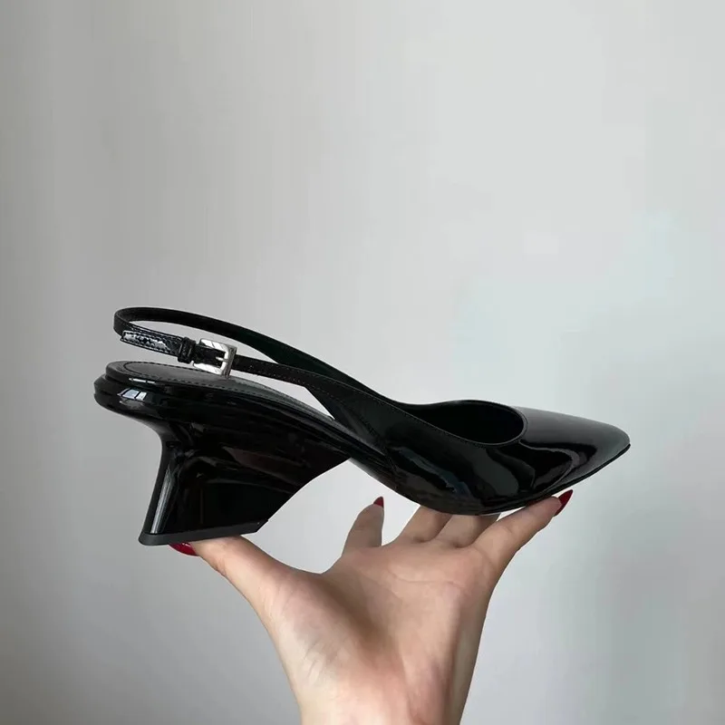 

Shaped Heel Patent Leather Strappy Sandals Black Pointed Toe Shallow Pumps Personalized Buckle High Heels Women Shoes