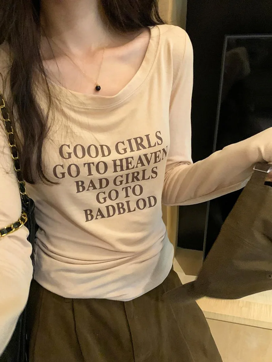 

Fseonihk T Shirt 티셔츠 Y2k Clothes 반팔티 Fashionable Loose Fitting White Long Sleeved T-shirt Letter Printed Inner Top Футболка