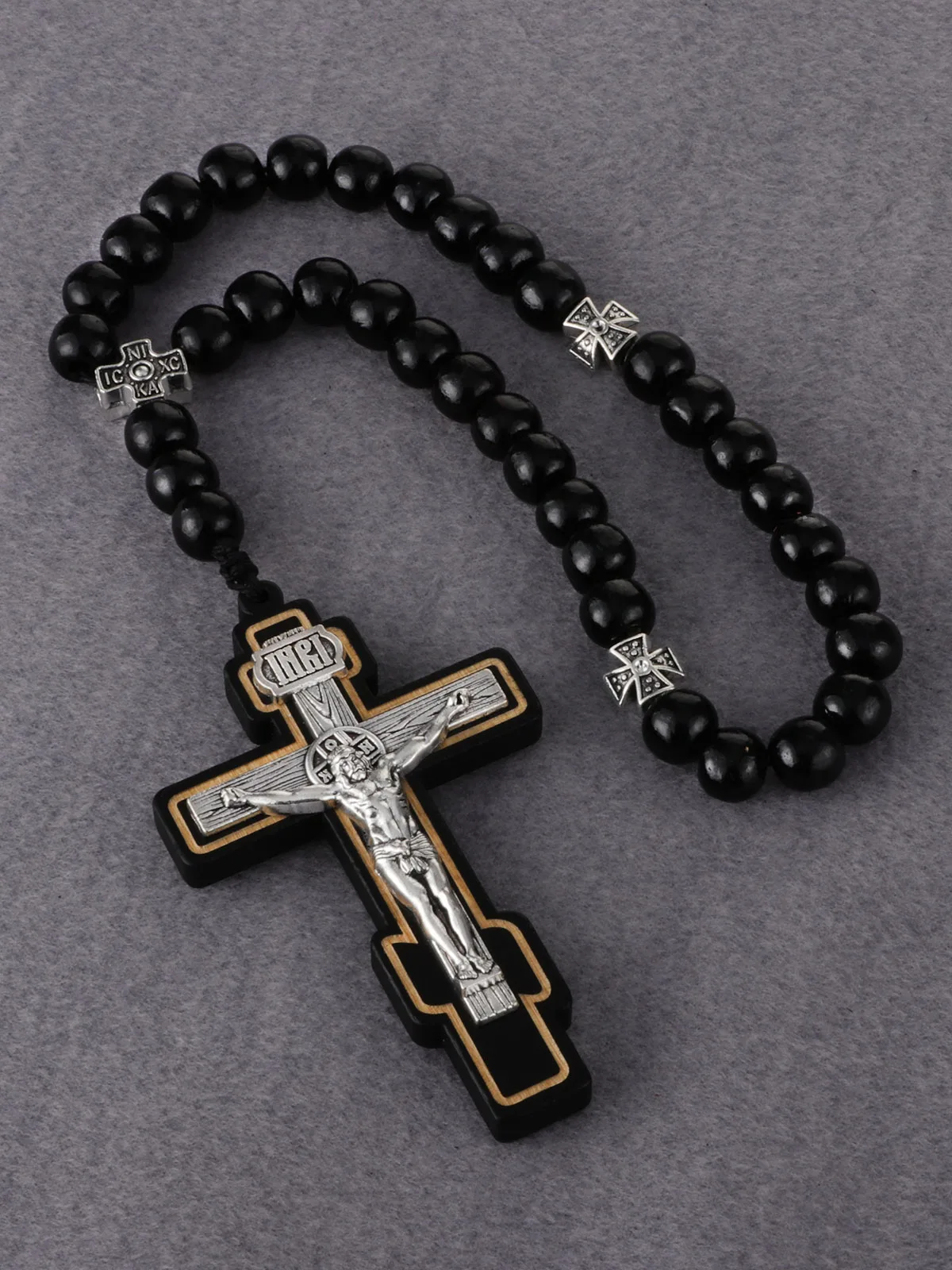 Orthodoxer Holzperlen-Rosenkranz mit INRI-Kruzifix, Jesus Christus Medaillen-Halskette, handgefertigte Gebetsperlen, Auto-Hängedekoration – Detail 4