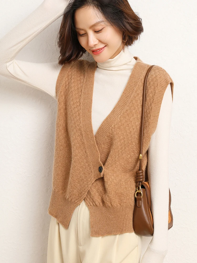 

New Chic Spring Summer Women Vest 100% Merino Wool Sweater V-neck Sleevless Cardigan Soft Cashmere Knitwear Korean Popular Cloth