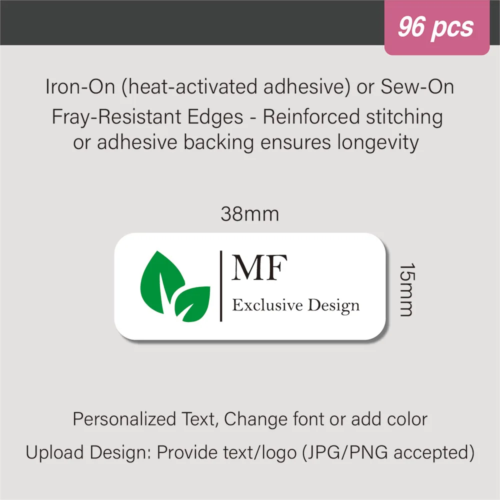 개인 맞춤형 다리미 부착 라벨 38x15mm 96개 - 신발, 장갑 및 공예품용 좁은 봉제 태그, 100% 면 소재 세탁 가능