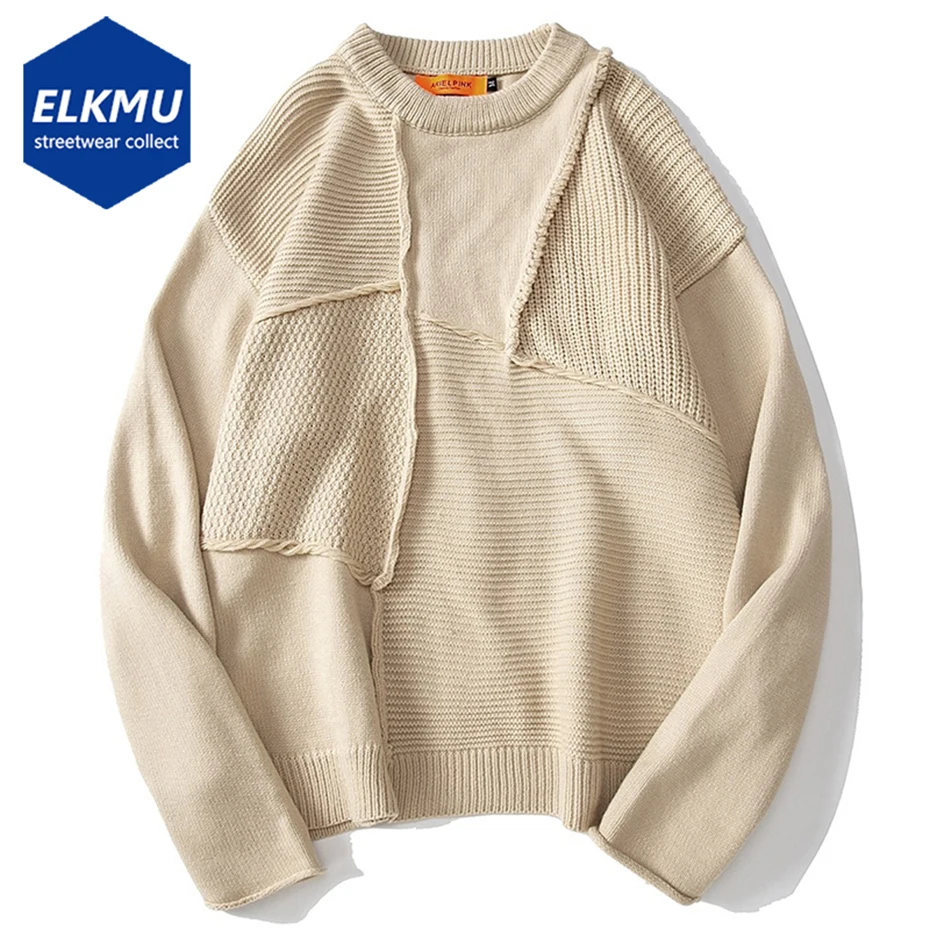 

Vintage Sweater Splicing Black Knitted Jumper Pullover Sweaters Men Hip Hop Streetwear Oversized Sweater White Khaki Fall Winter