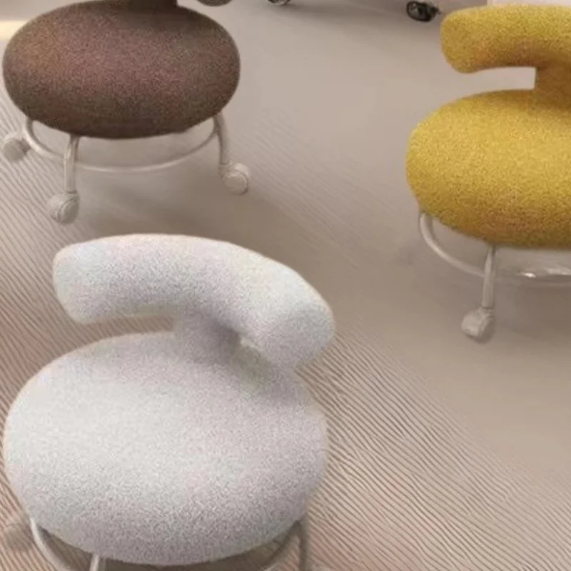 Lambskin Low Chair Household Round Stool Movable Shoe-changing Stool with Backrest and Wheels Small Pulley Low Stool Pratical