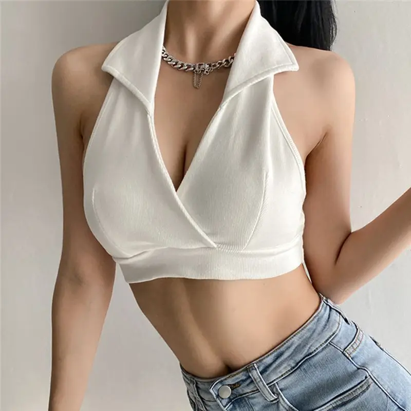 

Hotsweet Double-layer Polo Neck Tank Tops Women Retro Sexy Deep V Backless Solid Strapless Cropped Top Summer New