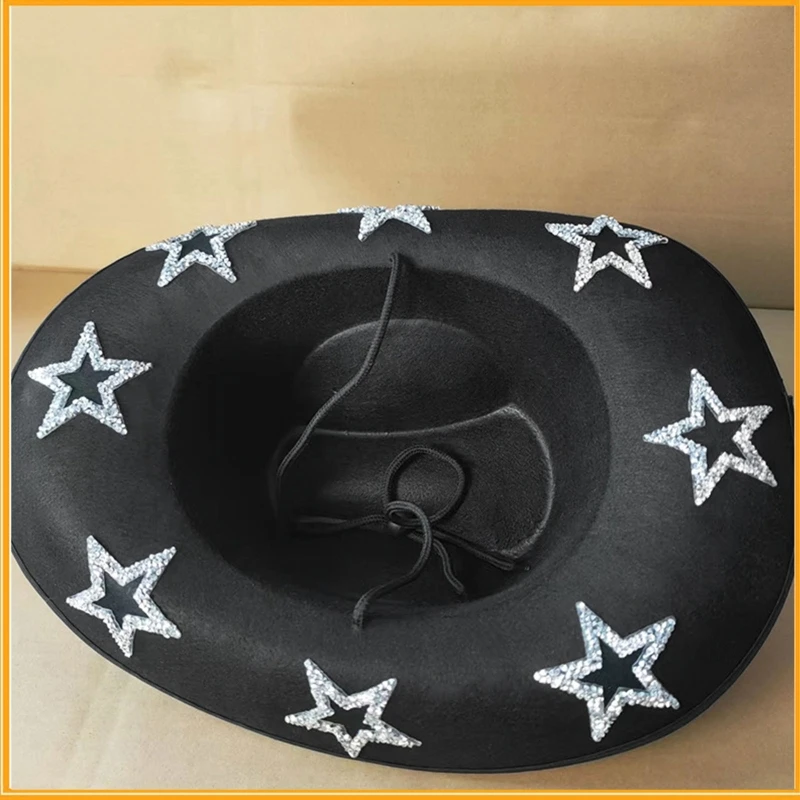 Western Cowboy Hats Women Shiny Star Rhinestone Cowgirl Hats Female Girl Solid Color Wide Brim Performance Party Cosplay Props cowboy hats cowgirl hats