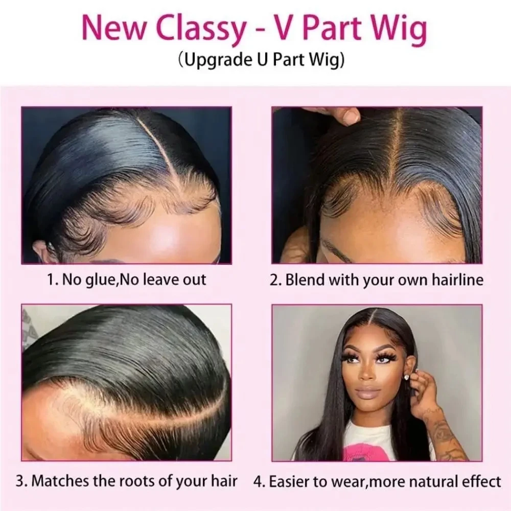 250 Density Straight Hair V part Wig 16-34Inches Upgrade Brazilian Glueless Wigs For Women 100% Human Hair Head Clip In Half Wig 4