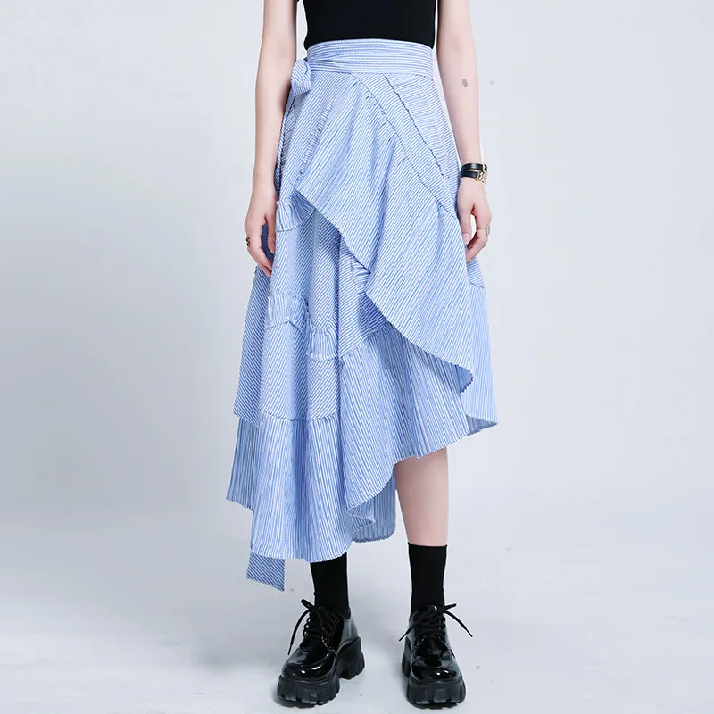 

ALIDI SC New One Piece Lace Up Mid Length A-line High Waisted Skirt with Blue Stripes and Irregular Ruffled Edges Pleated Skirt