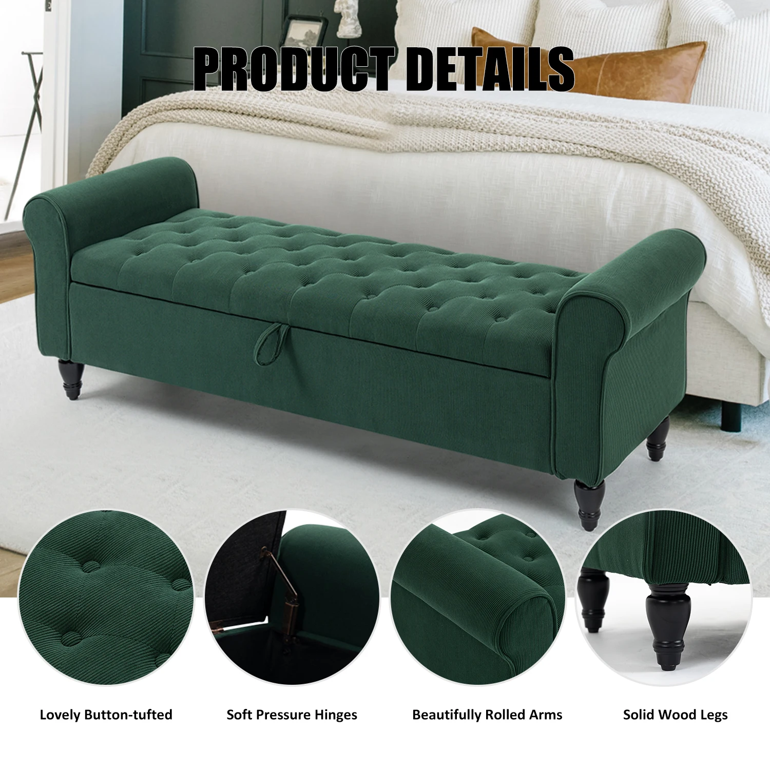 63’’ Upholstered Tufted Storage Ottoman Bench – End of Bed Storage for Bedroom & Living Room 3