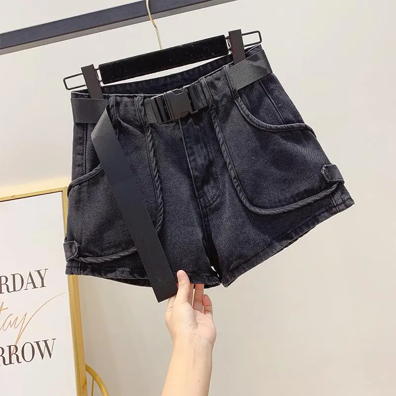 Ailegogo New Women High Waist Wide Leg Black Blue Denim Shorts Casual Female Big Pocket Belt Loose Fit Jeans Shorts chino shorts Shorts