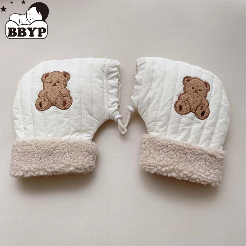 귀여운 자수 곰 흰색 장갑 플러시 두꺼운 겨울 따뜻한 학생을 유지 차가운 방풍 속옷 벌거 벗은 손가락 장갑