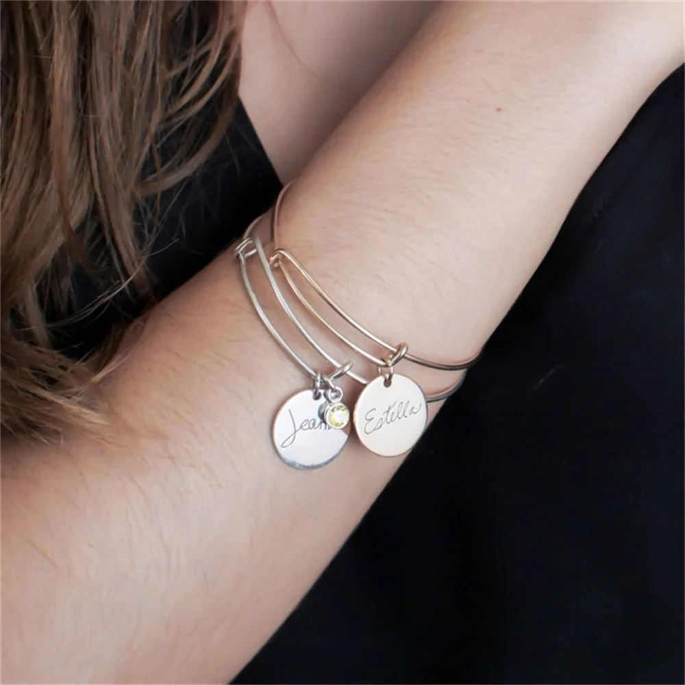 

Custom Handwritten Bangle Engraved Signature Plate Bracelet Stainless Steel Custom Jewelry Friendship Bangle Mom Gift Wholesale