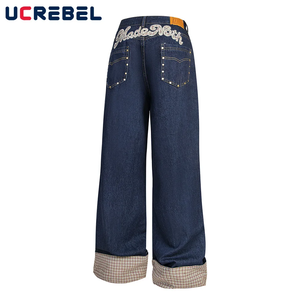 Letter Embroidery Patchwork Jeans Mens with Rivets Retro High Street Loose Wide leg Pocket Denim Pants Men