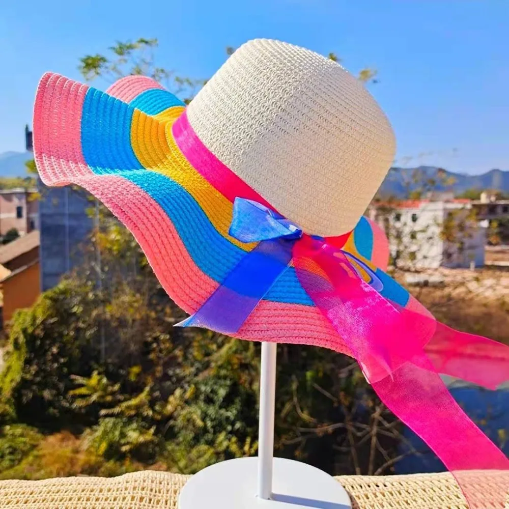 

Foldable Rainbow Striped Anti-ultraviolet Big Brim Sunshade Summer Hats Beach Hats Straw Hats