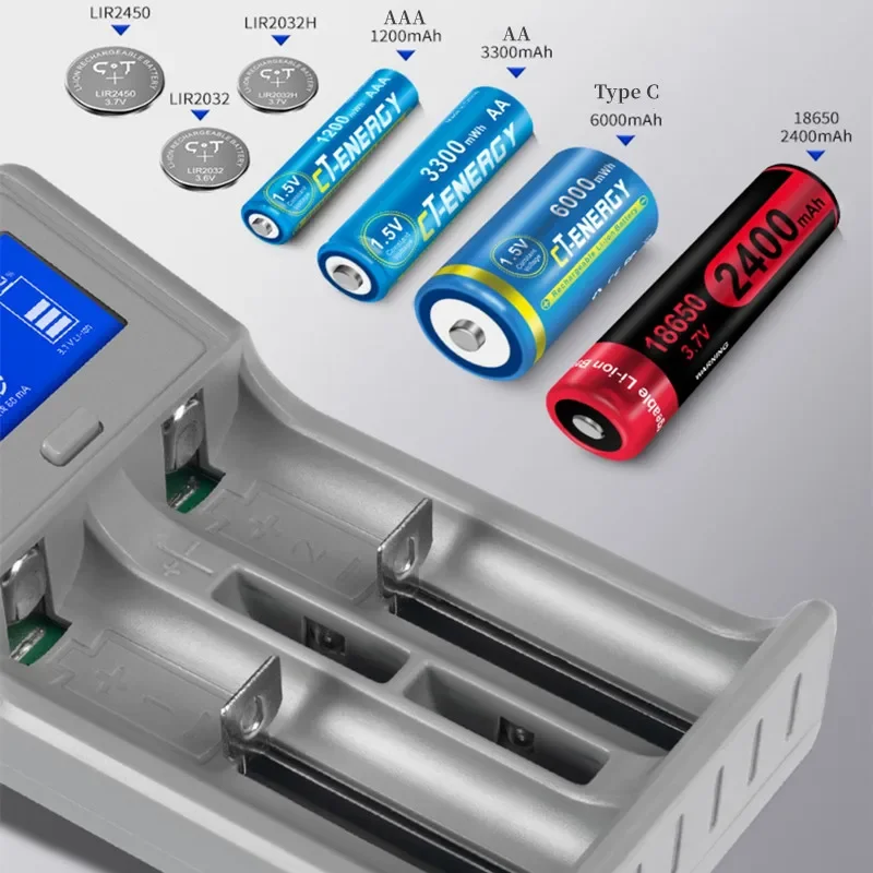 New 2032 2450 Rechargeable Battery Charger Compatible Charge Rechargable AA AAA 1.2V Ni-MH 3.7v Lithium ion Batteries USB Port