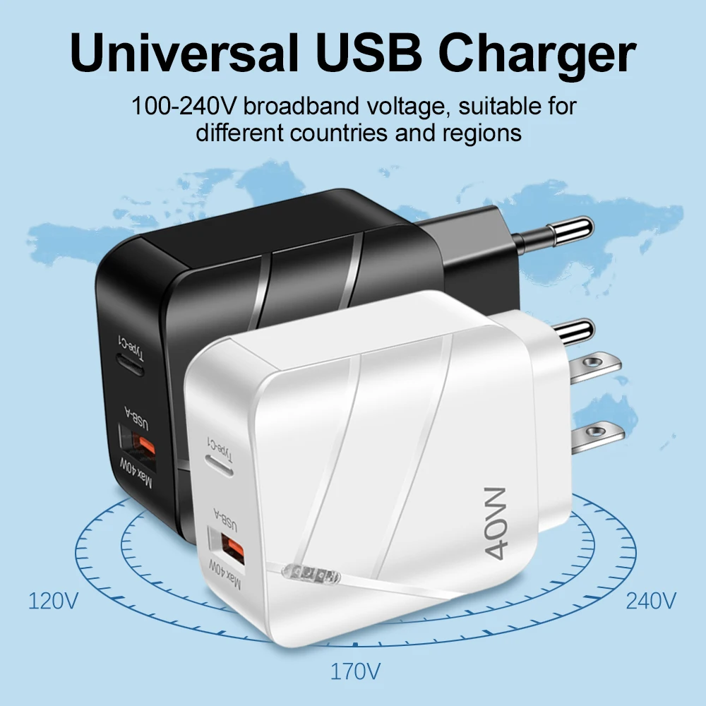 Dual-Port 40W USB-C Fast Charger with QC3.0 and PD Technology