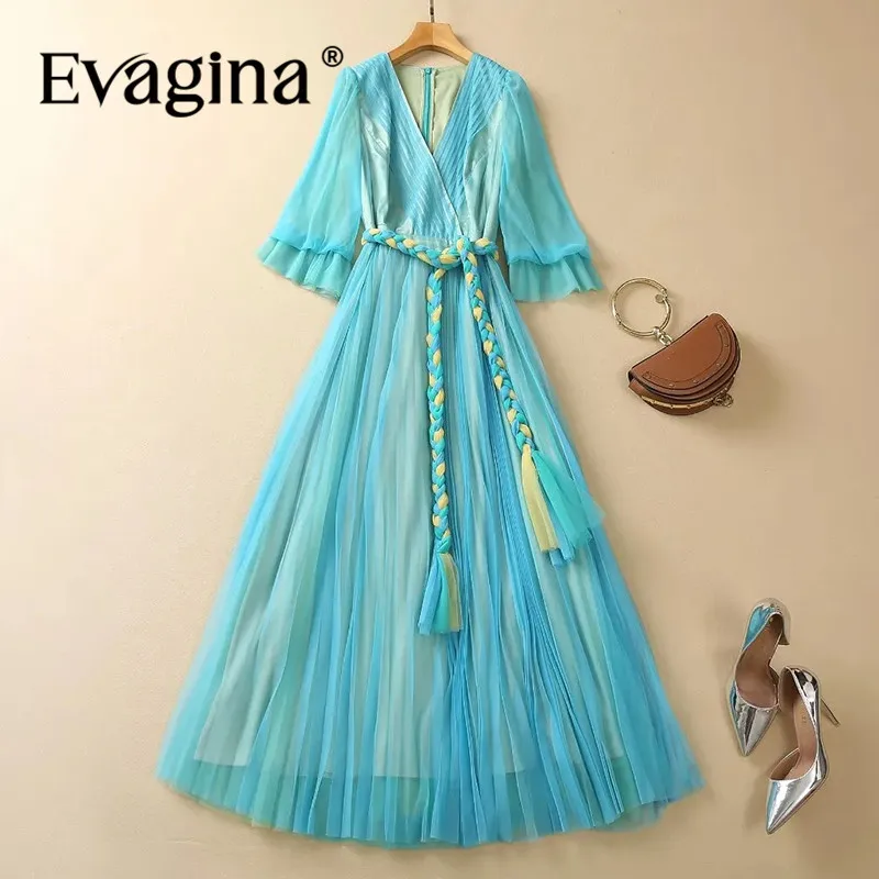 

Evagina Fashion Women's New Mesh V-Neck Puff Half Sleeved Pleated High-Waisted Lace-Up Elegant Holiday Office Lady Maxi Dress