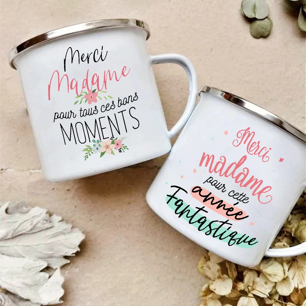 

Merci Madame French Print Mugs Creative Coffee Cups Drink Water Enamel Cup Handle Drinkware Camping Mug Year-end Gift for Madame