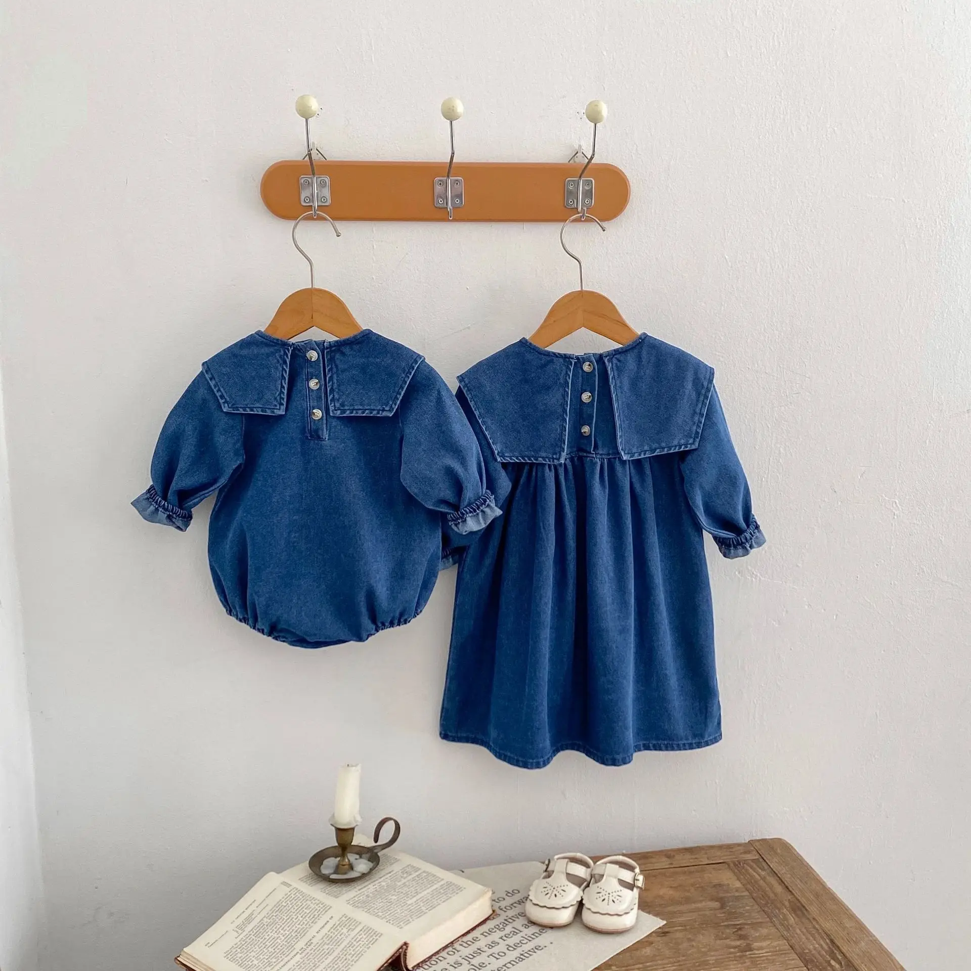 Baby Girls Denim Dress Big Lapel Collar Long Sleeve Solid A-line