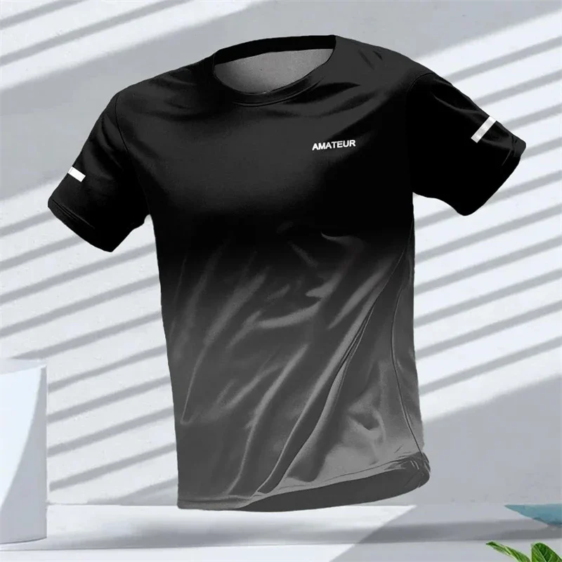 T-shirt da uomo per sport all'aria aperta, top unisex a maniche corte ad asciugatura rapida con stampa 3D standard con motivo sfumato. - immagine 3
