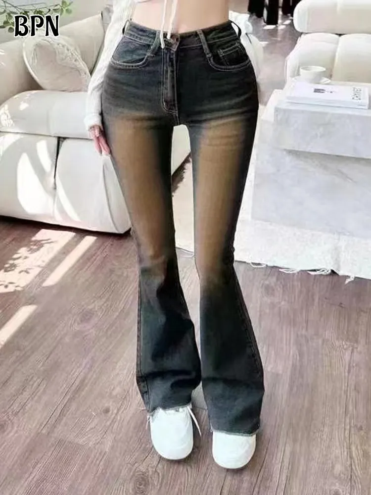 BPN Y2K Slimming Jeans For Women High Waist Colorblock Patchwork Pockets Streetwear Denim Flare Pants Female Fashion Clothes New