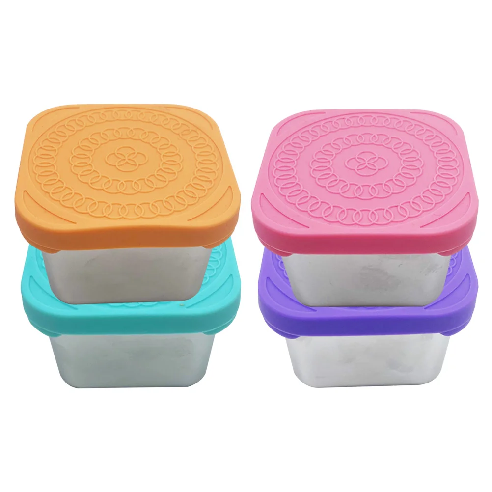 

4pcs Dressing Box Condiment Containers with Silicone Lids Stainless Steel Snack Storage Case